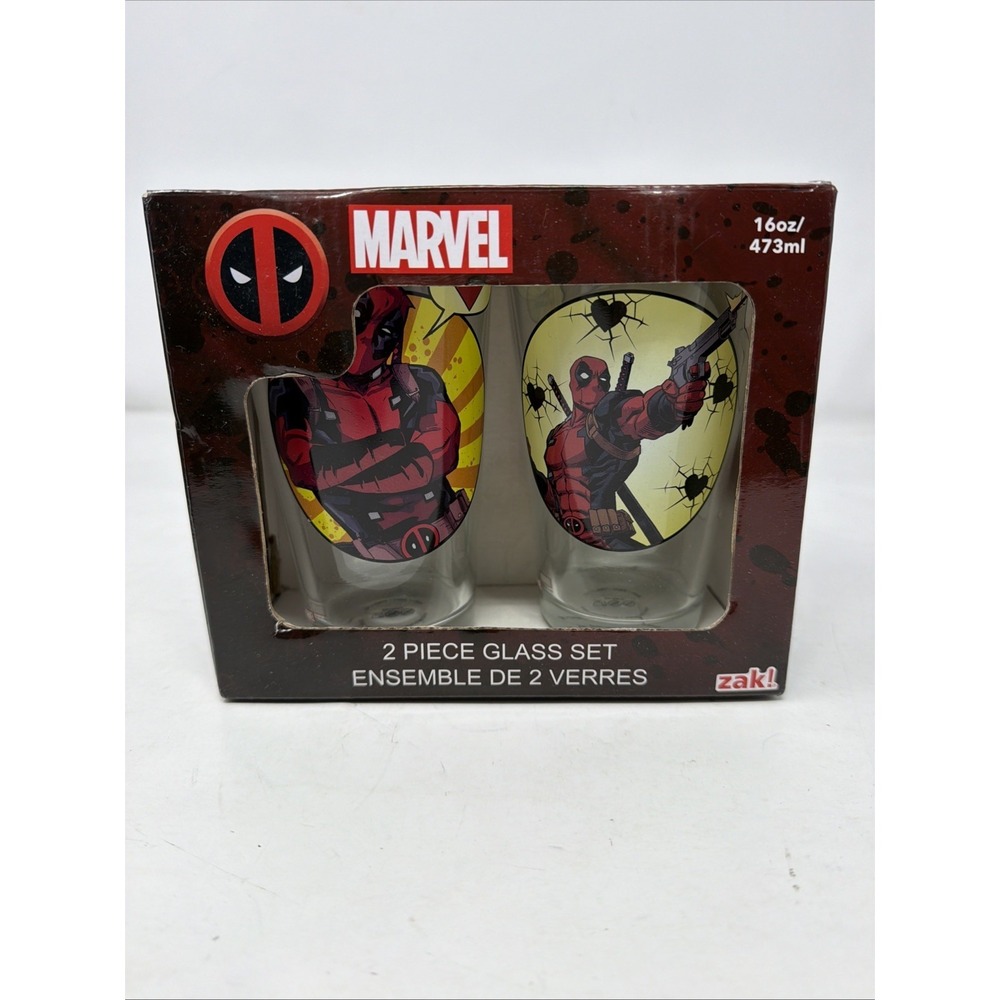 Glass Dead Pool 10" Glasses‎ Set Of Two With Pictures On Front And Back Of Glass